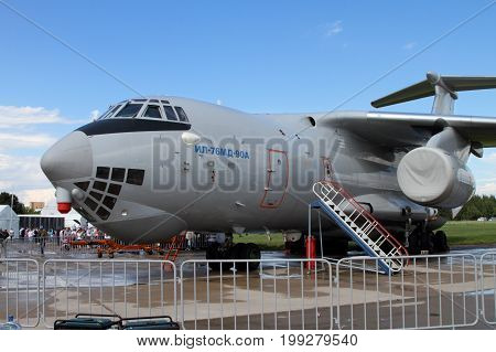 Moscow Region - July 21 2017: Soviet heavy military transport aircraft Il-76MD at the International Aviation and Space Salon (MAKS) in Zhukovsky.