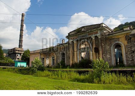 Abandoned ruined railway station in Tquarchal (Tkvarcheli), Abkhazia, Georgia