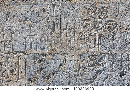 Medieval wall chapel of St. Gregory Tatev Monastery (Armenia). Wall carved with a khachkars. Khachkars are inscribed in the UNESCO list.