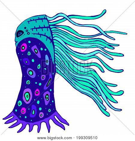 Fantastic bright alien monster with blue tentacles from the head. Vector hand drawn color illustration.Colored page for adults and children. Designbooktextileprintposterfabric
