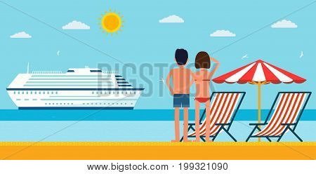 Vacation and travel. Cartoon young couple by the sea looking at a cruise ship. Sea beach with lounger and umbrella.