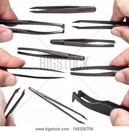 Collage From Various Black Plastic Tweezers