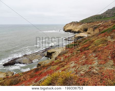 Panoramic picture at Cabrillo National Monument bluffs and tidepools. Coastal bluffs and tidepools are found along Point Loma peninsula in San Diego, USA