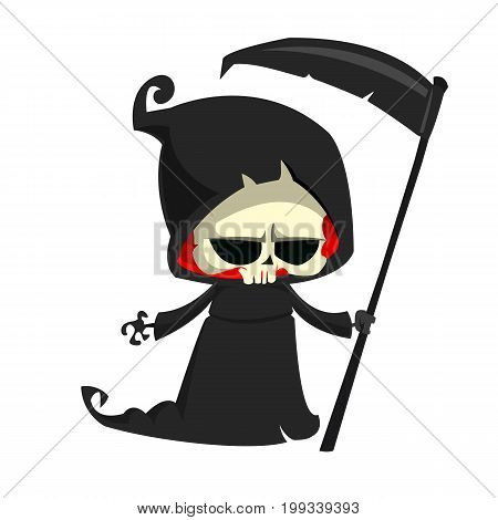 Cute cartoon grim reaper with scythe isolated on white. Vector illustration