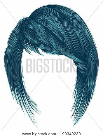 trendy  woman  hairs blue color. kare with bangs. medium length .fashion beauty style .