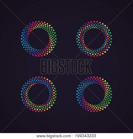 Halftone dotted vector frame, dot pattern in circle shape. Abstract rainbow border isolated on black background. Trendy design element for round festive banner or logo.