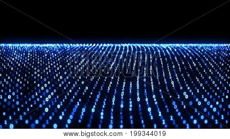 Abstract animation of the binary code waves with binary digits 1 and 0 and motion binary code on background. Symbolizes the ocean. Digital backdrop. 3d rendering