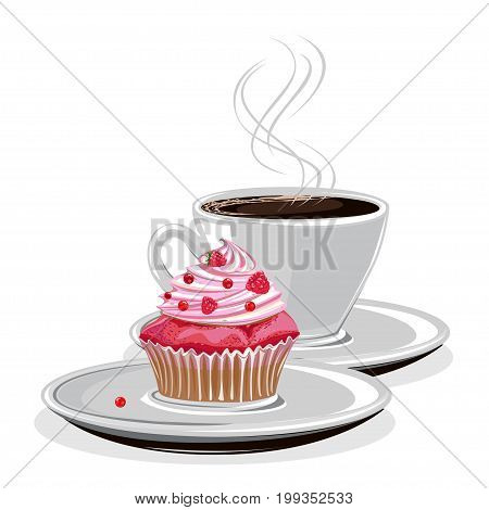 mug of coffee and a cupcake. Tasty breakfast. Colored Vector illustration.