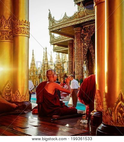 Buddhist Monks At Shwedagon Pagoda