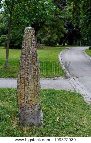 Rune stone from the viking ages about a thousand years old Uppsala Sweden