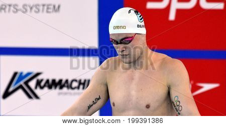 Hong Kong China - Oct 30 2016. Olympian and World Youth gold medalist Peter BERNEK (HUN) at the start of the Men's Backstroke 200m Preliminary Heat. FINA Swimming World Cup Victoria Park