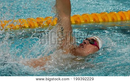 Hong Kong China - Oct 30 2016. Olympian and World Youth gold medalist Peter BERNEK (HUN) swimming in the Men's Backstroke 200m Preliminary Heat. FINA Swimming World Cup Victoria Park