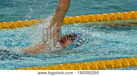 Hong Kong China - Oct 30 2016. Australian swimmer LARKIN Mitchell (AUS) swimming in the Men's Backstroke 200m Preliminary Heat. FINA Swimming World Cup Victoria Park