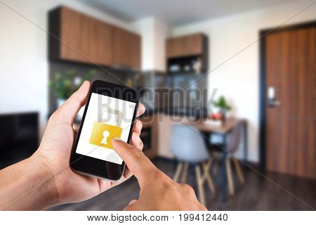 Hand Using Smartphone By App Smart Home On Mobile For Remote Control Everything In Home By Wifi Netw