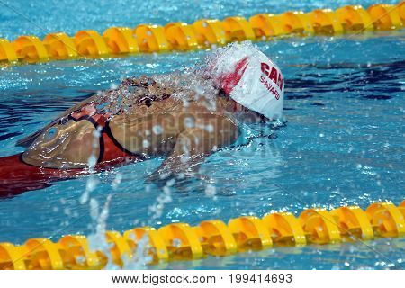 Hong Kong China - Oct 30 2016. Competitive swimmer SAVARD Katerine (CAN) swimming in the Women's Butterfly 50m Preliminary Heat. FINA Swimming World Cup Victoria Park Swimming Pool.