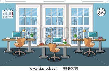 Modern office interior design with сomfortable furniture. Cozy working place -  desks, computer chairs, desk lamps, computers and large wide window. Stylish business work space. Flat style vector illustration.