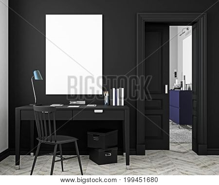 Classic black workplace interior mock up with table chair door white parquet floor. 3D render illustration.
