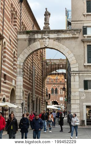 VERONA ITALY - MAY 1 2016: Verona - Piazza dei Signori is the civic and political heart of Verona Italy