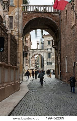 VERONA ITALY - MAY 1 2016: Verona - Piazza dei Signori is the civic and political heart of Verona Italy