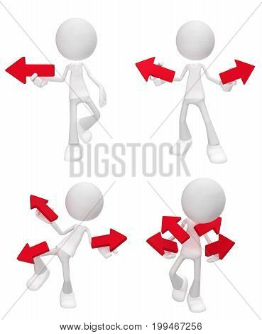 White symbolic figures standing with small red arrow symbols 3d illustration horizontal isolated