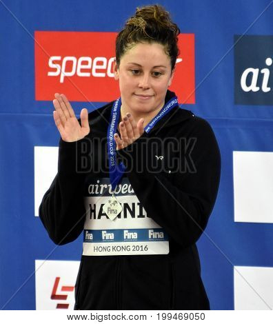 Hong Kong China - Oct 30 2016. HANNIS Molly (USA) at the Victory Ceremony of Women's Breaststroke 50m. FINA Swimming World Cup.