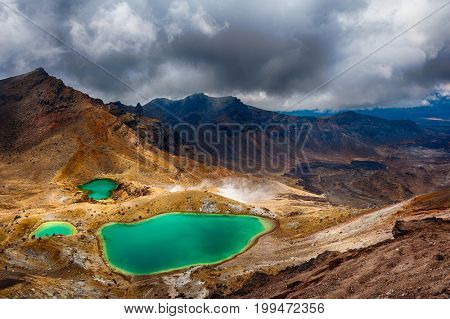 View at beautiful Emerald lakes on Tongariro Crossing track, Tongariro National Park, New Zealand