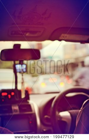 The Scene Of The View From The Taxi Car With Taxi Meter Display In Bangkok, Thailand
