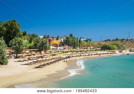 PAROS ISLAND, GREECE, JULY 5, 2017: The famous beach of Punda located in Paros island, Cyclades, Greece.