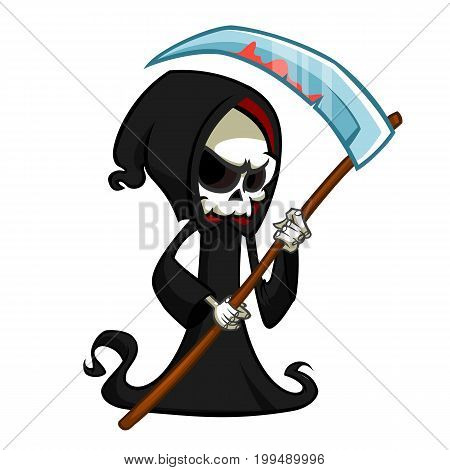 Cute cartoon grim reaper with scythe isolated on white. Cute Halloween skeleton death character icon
