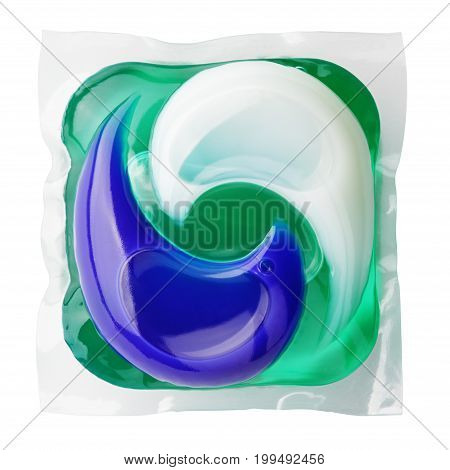 Washing gel capsule pod with laundry detergent isolated on white background with clipping path