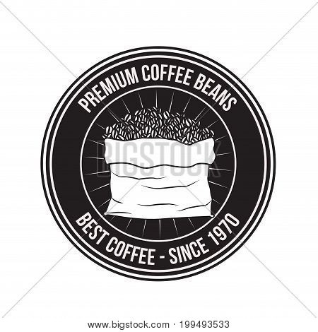 white background of logo design of circular frame premium coffee beans of best coffee since 1970 with bag full beans vector illustration