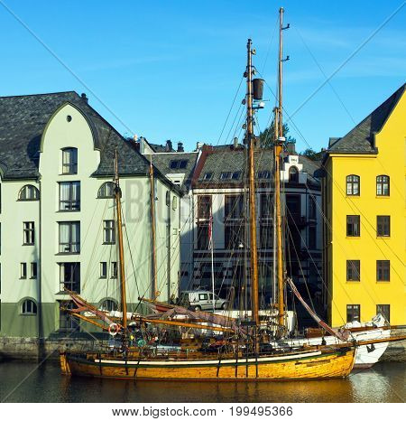 Yachts in the center of Norwegian town Alesund.