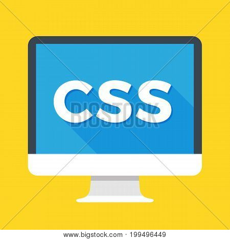 Computer with CSS word on screen. Cascading style sheets, style sheet language concept. Web development, coding, learning concepts. Simple flat icon. Modern long shadow flat design vector illustration