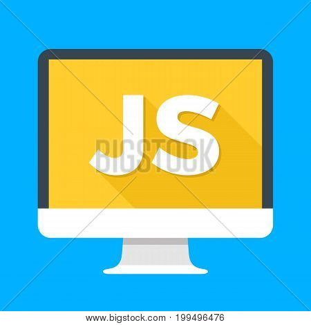Computer with JS word on screen. Javascript scripting language. Web development, create js script, coding, learning concepts. Simple flat icon. Modern long shadow flat design vector illustration