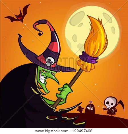 Cartoon witch with a broom. Halloween vector illustration isolated on scary night background with full moon and grim reaper on cemetary