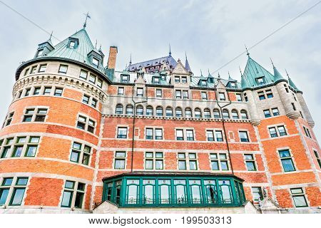 Quebec City Canada - May 29 2017: Fountain Monument de la Foi by Hotel Chateau Frontenac closeup