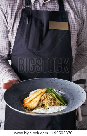 Waiter offering exquisite restaurant dish. Quinoa salad with avocado, cucumber, halloumi cheese and tsadziki sauce on gray plate in unrecognizable male hands. Copy space on apron