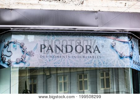 Quebec City Canada - May 30 2017: Pandora Jewelry store banner sign closeup by entrance of shop