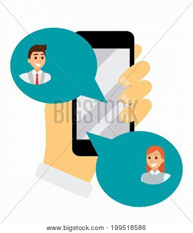 Chatting on phone via application, online conversation in internet. Messaging using mobile phone, flat vector illustration. Social network. Hand holds cell phone. bubble messages in app.