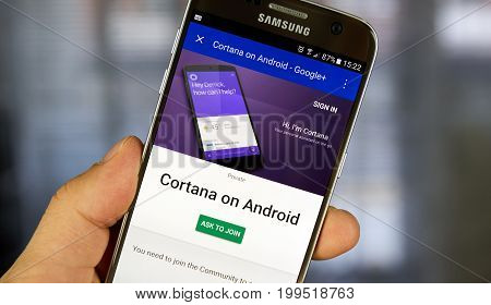 MONTREAL CANADA - JULY 30 2017 : Cortana app on Android cell phone. Cortana is an intelligent personal assistant created by Microsoft for Windows 10 Windows 10 Mobile