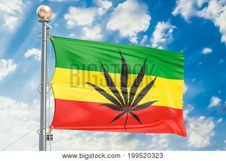 Rasta Flag Cannabis leaf on rastafarian flag. 3D rendering