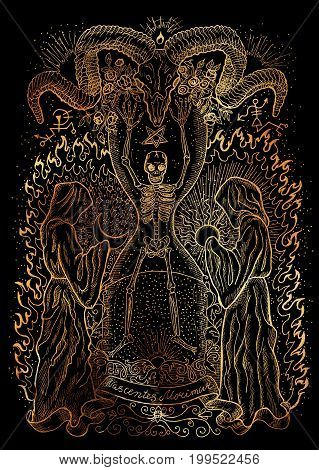 Mystic illustration with human skeleton, monks and spiritual symbols on black background. Occult and esoteric drawing. Latin text Nascentes Morimur means From the moment we are born we begin to die