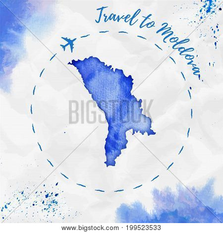 Moldova Watercolor Map In Blue Colors. Travel To Moldova Poster With Airplane Trace And Handpainted