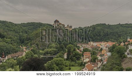 Vranov nad Dyji town with castle in cloudy summer day