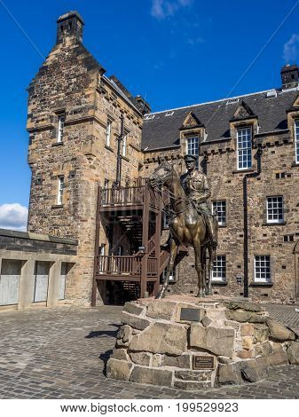 EDINBURGH, SCOTLAND - JULY 29: the equestrian statue of the Field Marshal Earl Haig in Edinburgh castle July 29, 2017 in Edinburgh Scotland. Located outside the Scottish War Museum.