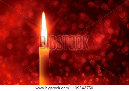 Abstract background for pray or meditation caption. Still life golden candle light with reflection on red blurred bokeh background.