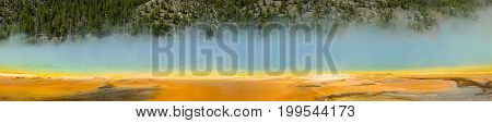 Grand Prismatic Spring panorama in Midway Geyser Basin Yellowstone National Park, Wyoming