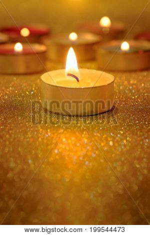Prayer And Hope Concept. Retro Candle Light With Lighting Effect And Glitter Abstract Background Wit