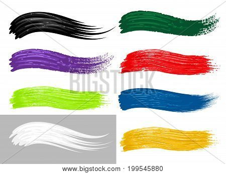 Colorful brush strokes isolated on white background. Green and red, yellow and blue paintbrush splashes. Vector illustration