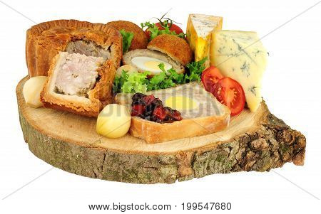 Traditional ploughman's buffet lunch ingredients isolated on a white background